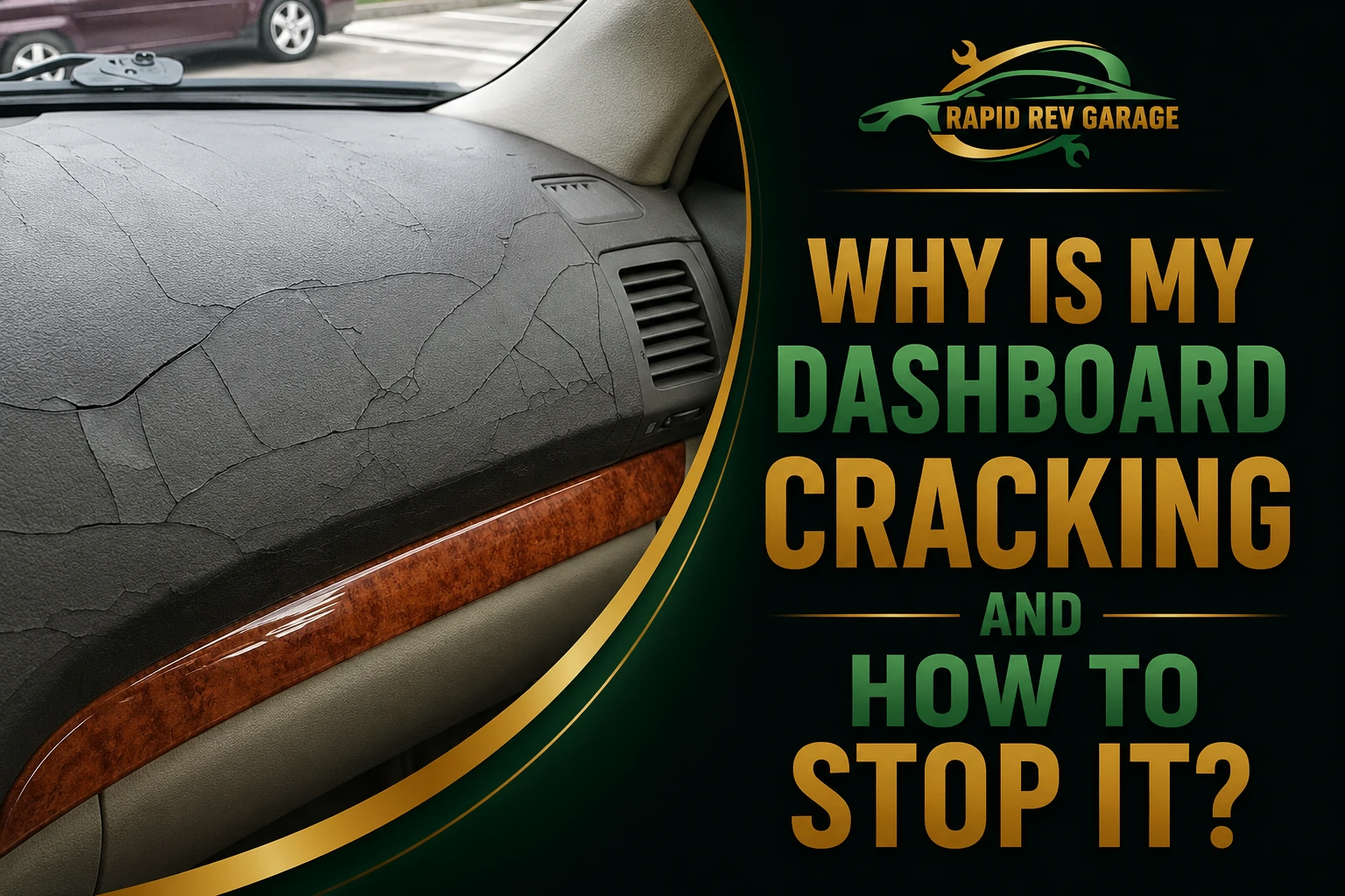 Cracked car dashboard showing extensive surface damage alongside Rapid Rev Garage branding and the question, “Why Is My Dashboard Cracking?”