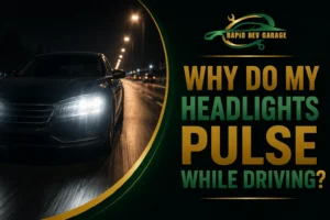Car driving at night with illuminated headlights, illustrating why headlights pulse while driving.