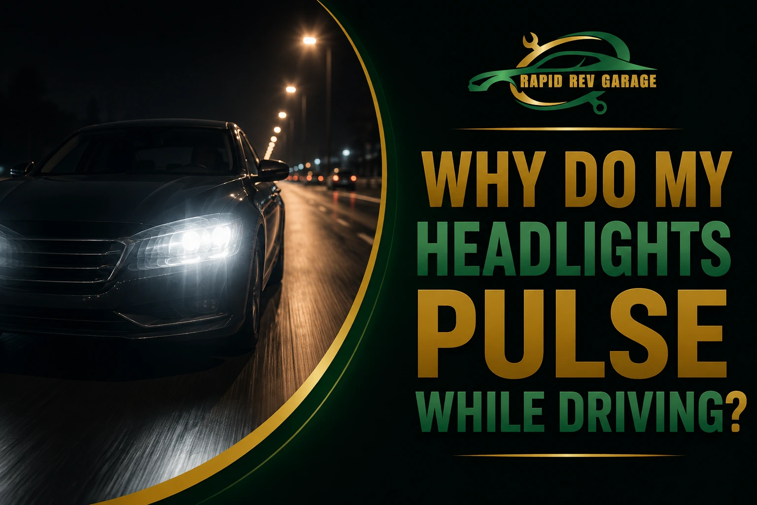 Car driving at night with illuminated headlights, illustrating why headlights pulse while driving.