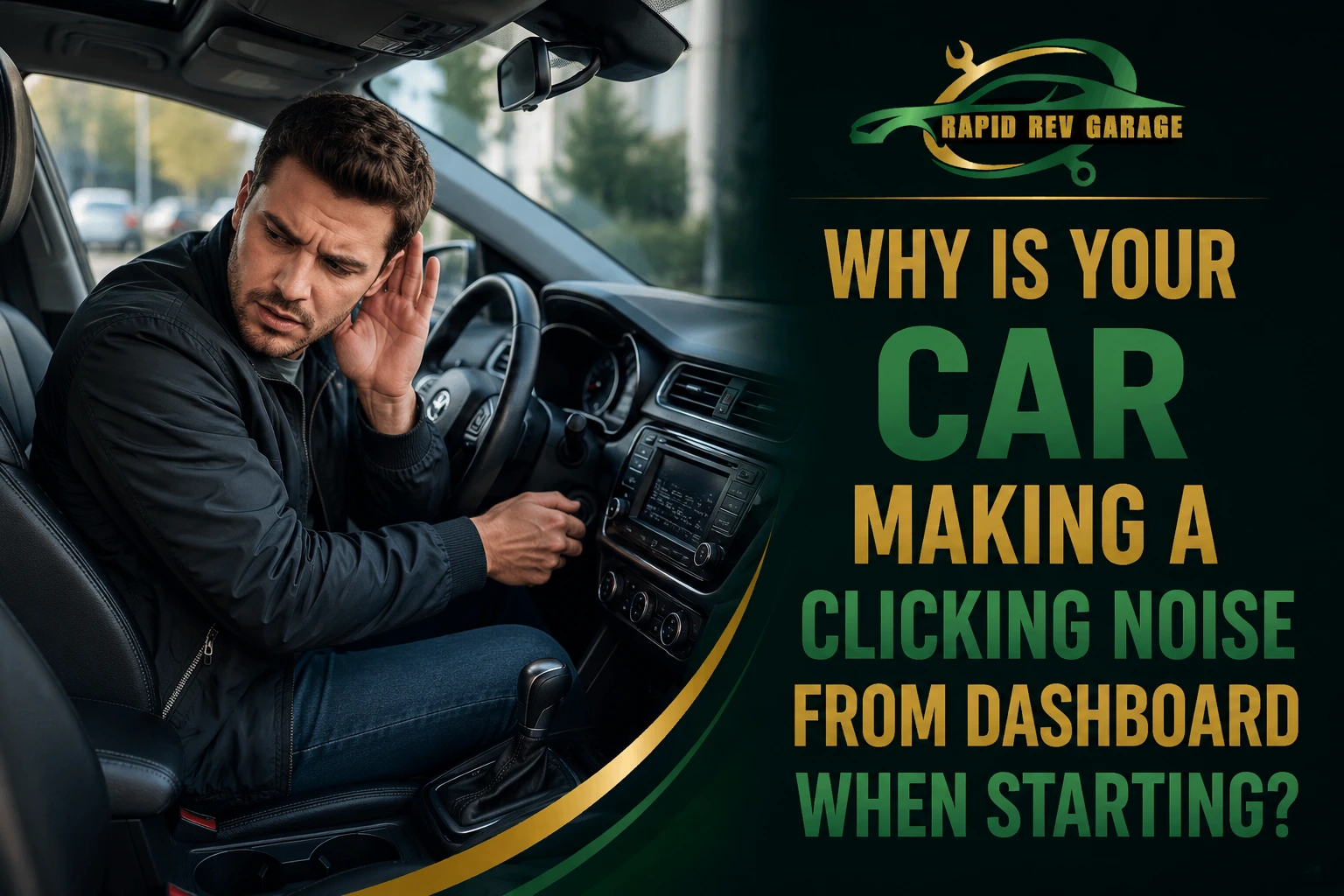 Male driver listening to a car making a clicking noise from dashboard when starting, with Rapid Rev Garage branding.