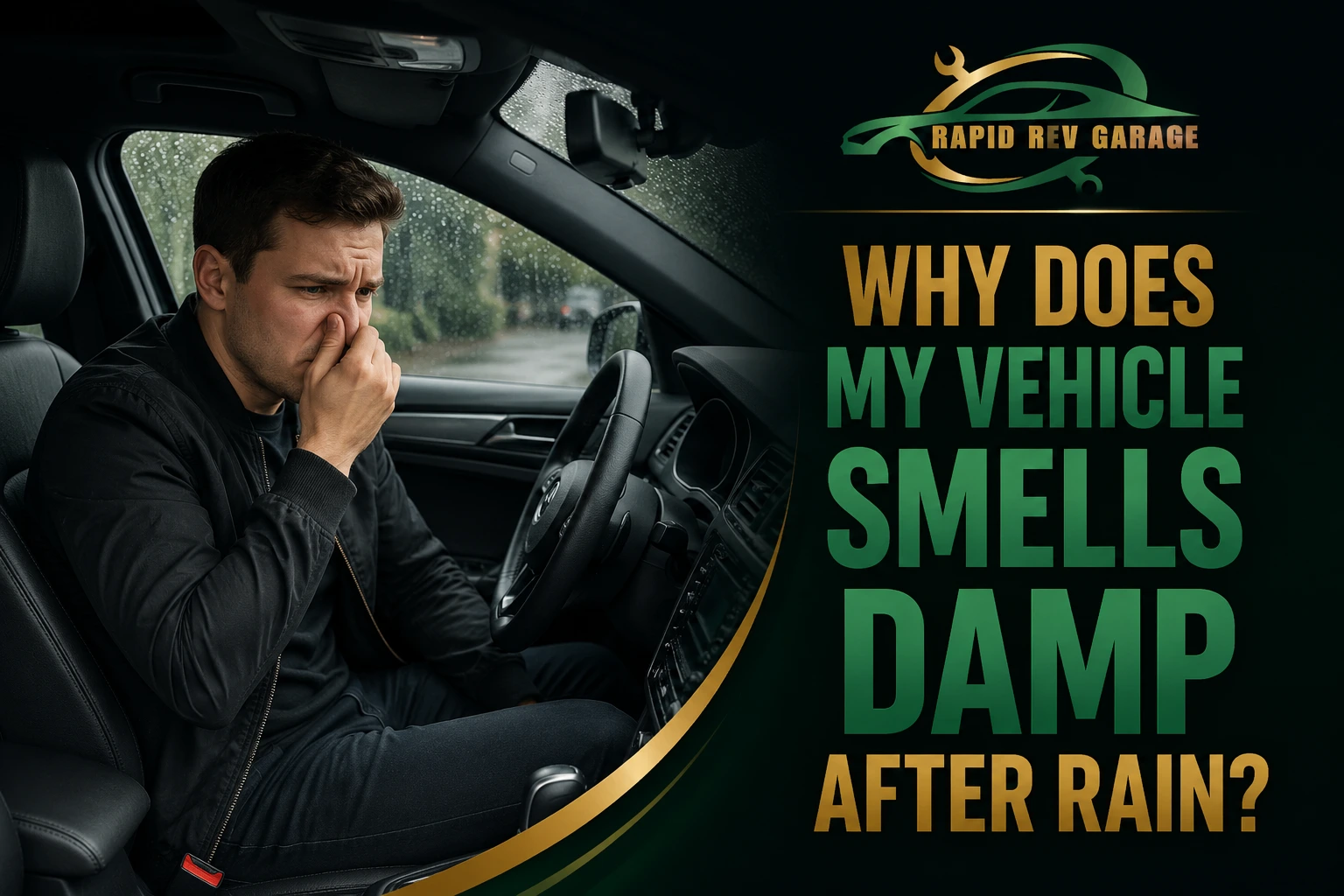 Male driver covering his nose inside a rain-soaked car as he notices his vehicle smells damp after rain.
