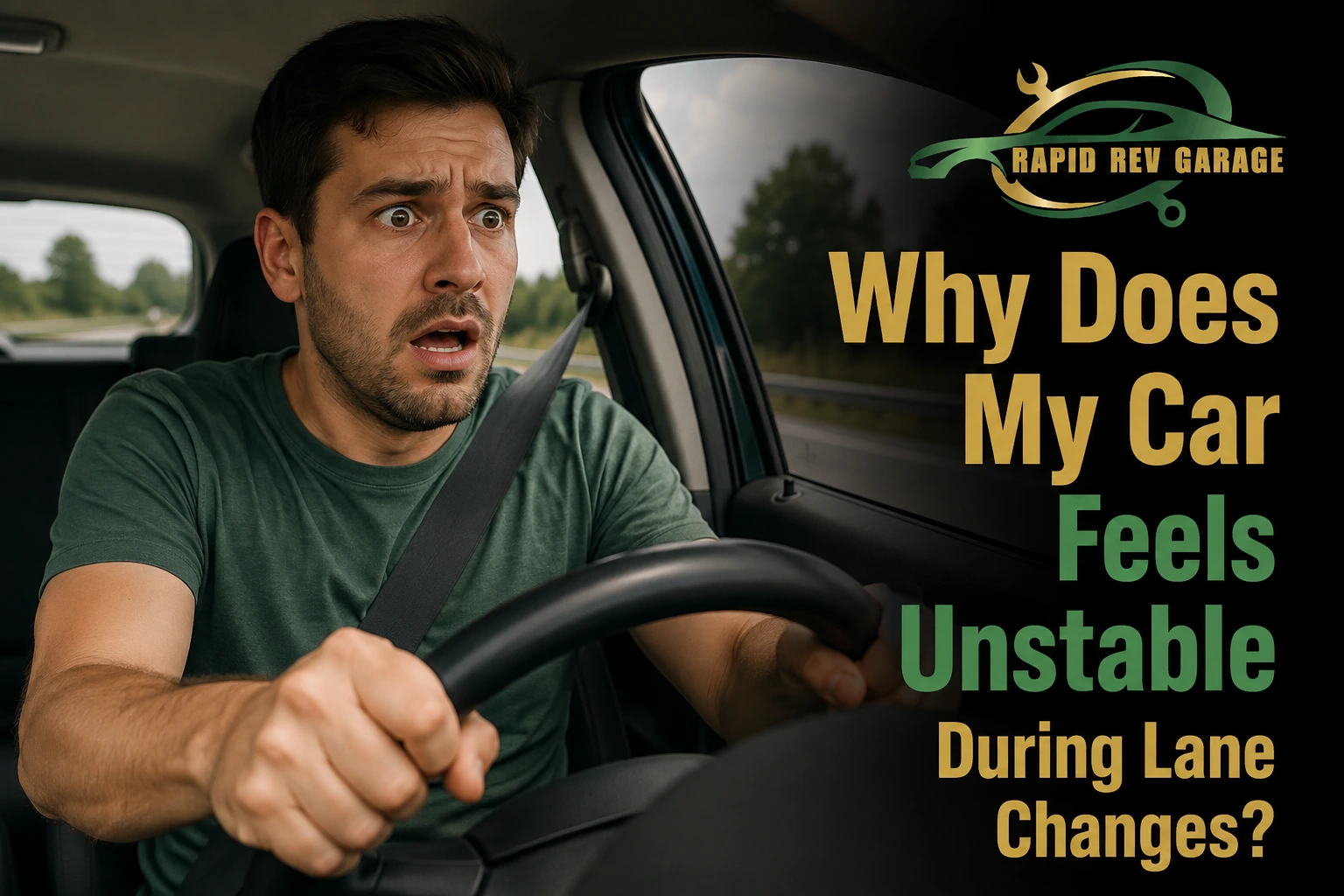 A worried male driver grips the steering wheel tightly as he reacts to an unstable vehicle on the road, illustrating car feels unstable during lane changes.