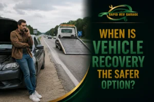 Male driver stranded beside a broken-down car on the roadside with a tow truck nearby, illustrating when is vehicle recovery the safer option?