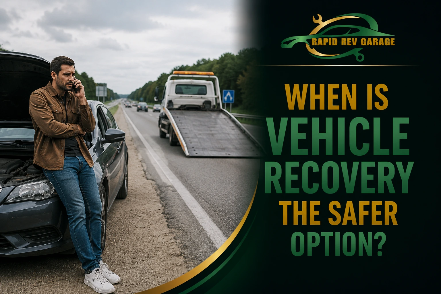 Male driver stranded beside a broken-down car on the roadside with a tow truck nearby, illustrating when is vehicle recovery the safer option?