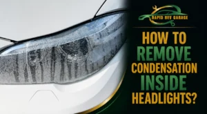 Close-up of a car headlight showing moisture and condensation inside headlights.