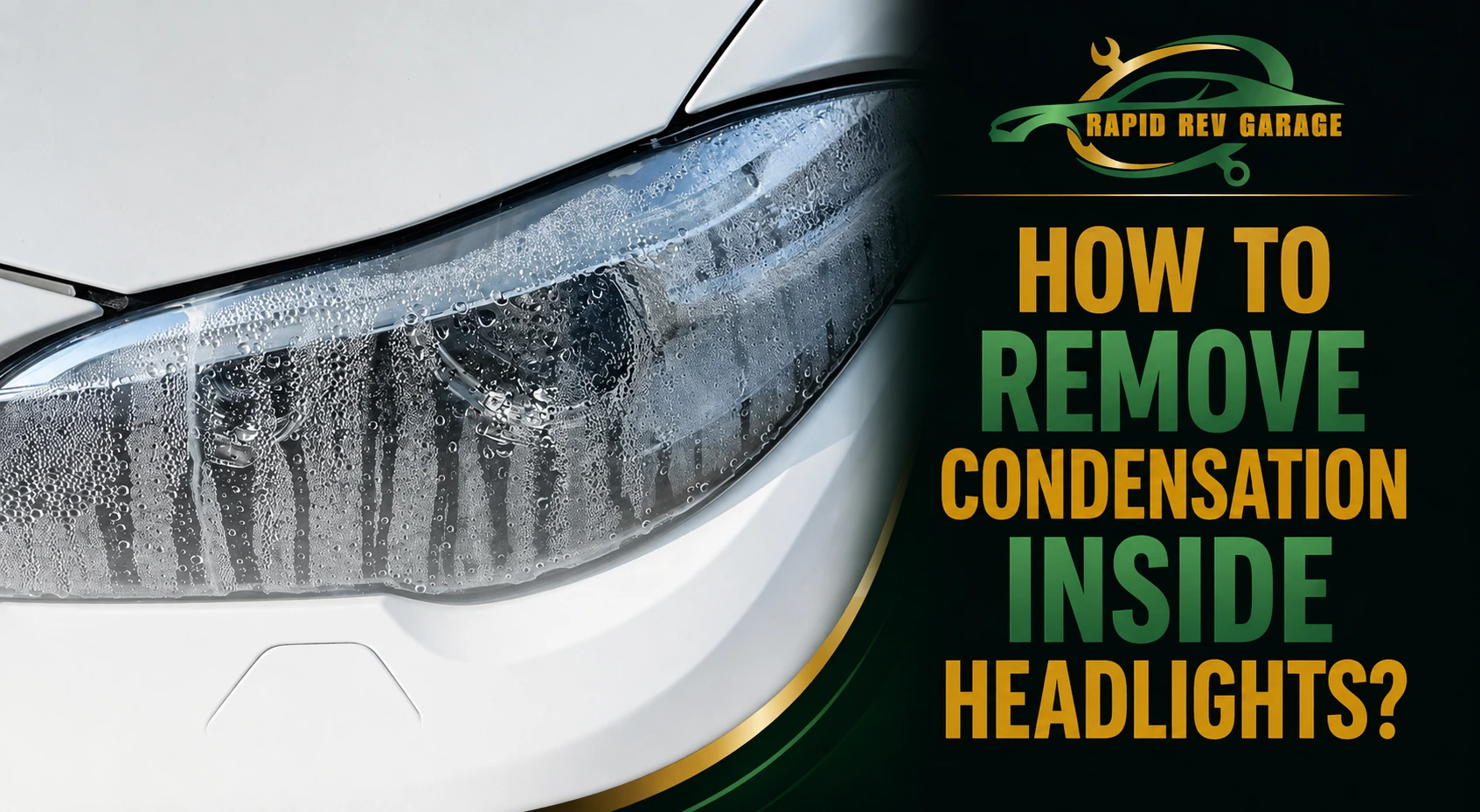 Close-up of a car headlight showing moisture and condensation inside headlights.