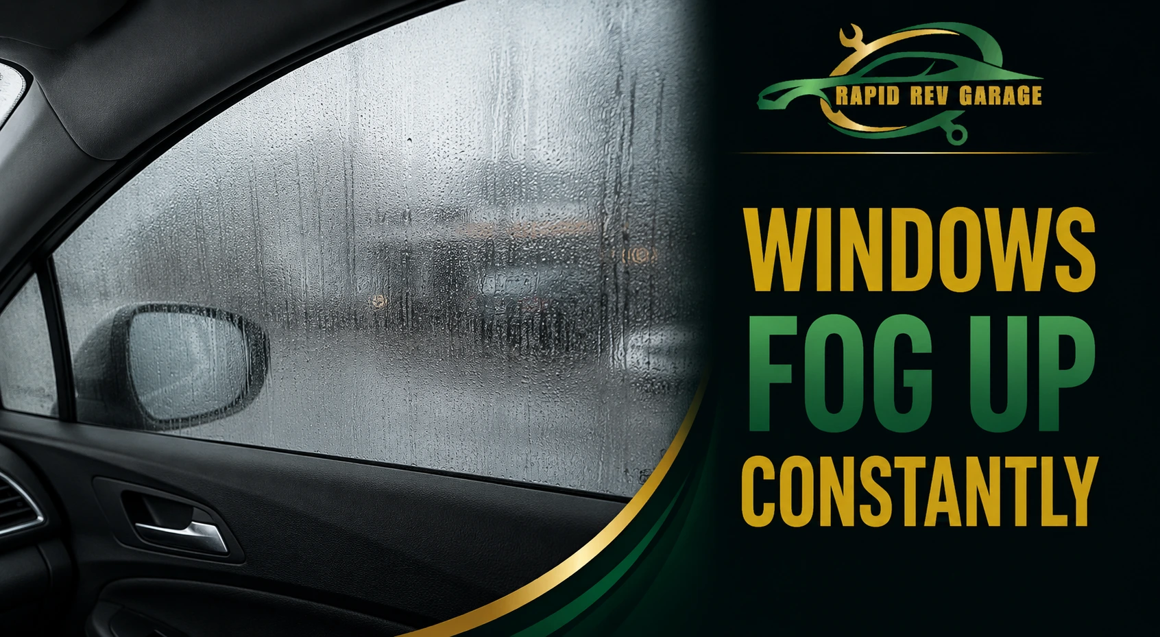 Driver inside a car looking through a fogged side window as the windows fog up constantly.