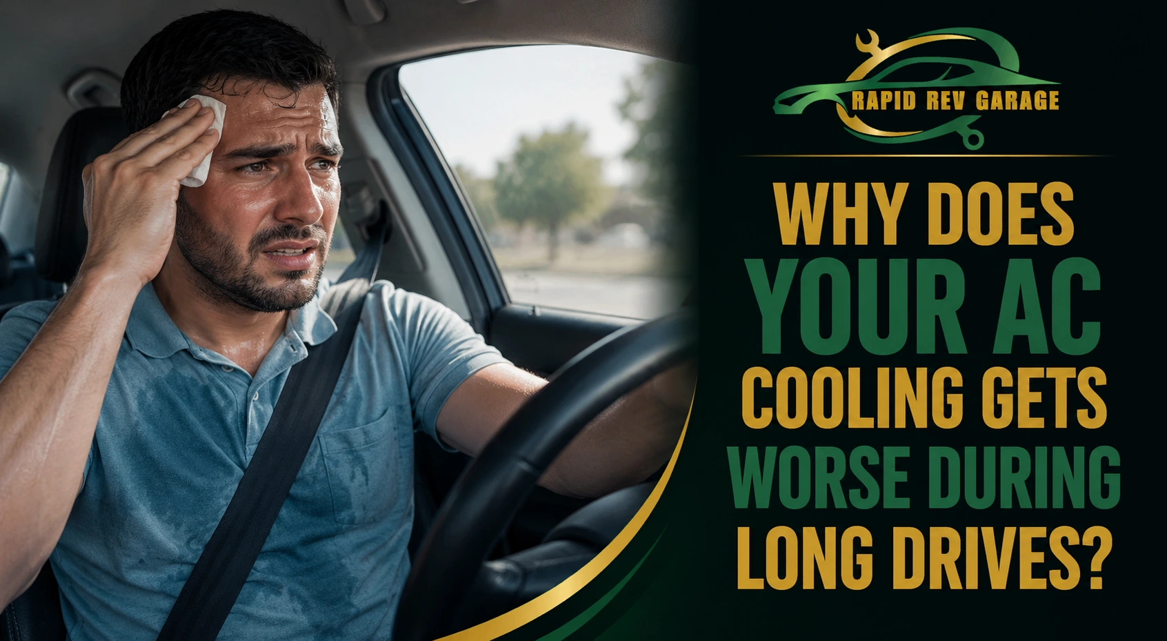 Sweaty driver struggling with AC cooling that gets worse during long drives.