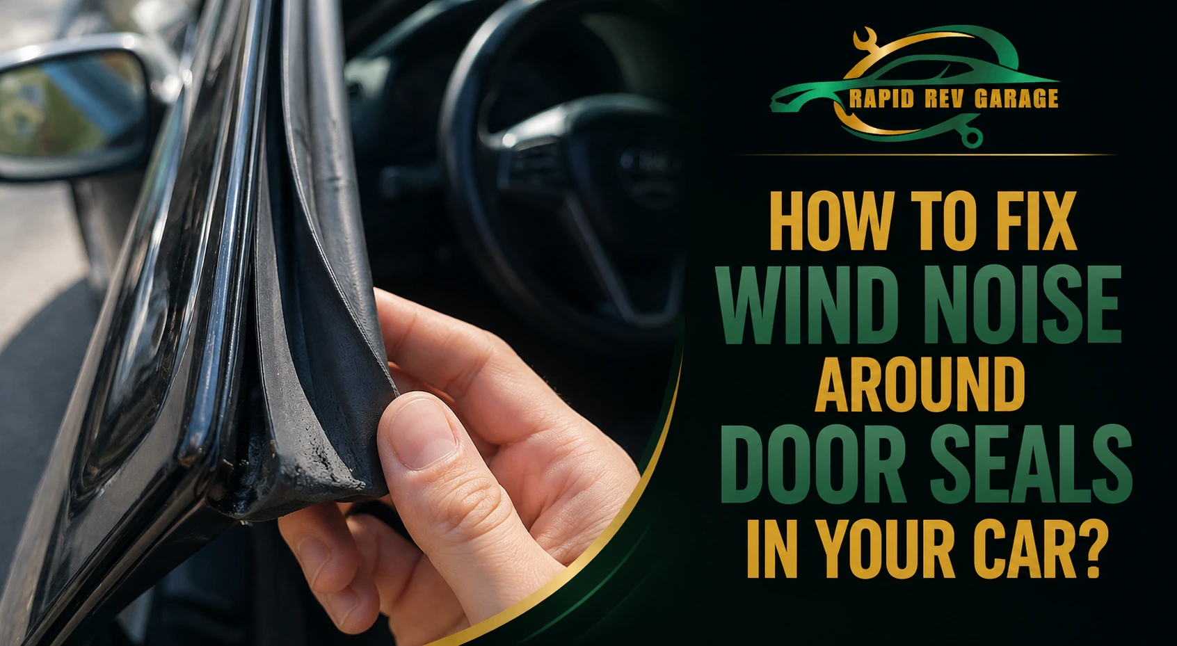 Close-up of a hand inspecting a car door seal to identify wind noise around door seals.