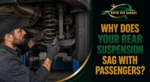 Mechanic inspecting a car’s rear suspension to diagnose rear suspension sag with passengers.