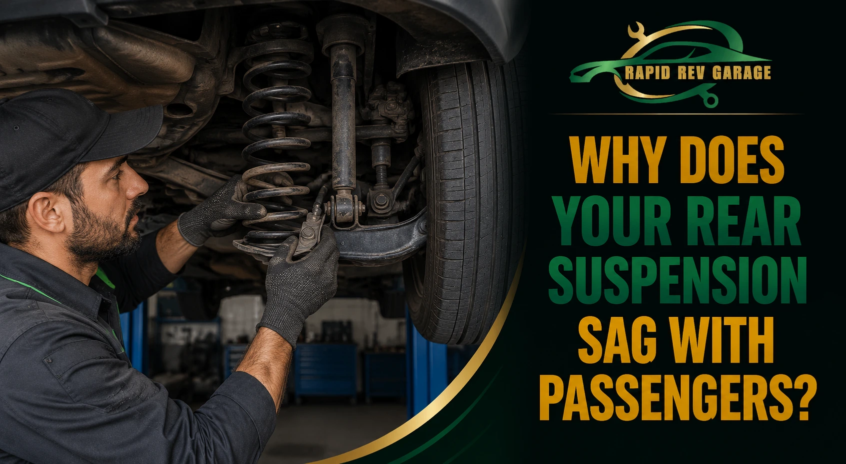 Mechanic inspecting a car’s rear suspension to diagnose rear suspension sag with passengers.
