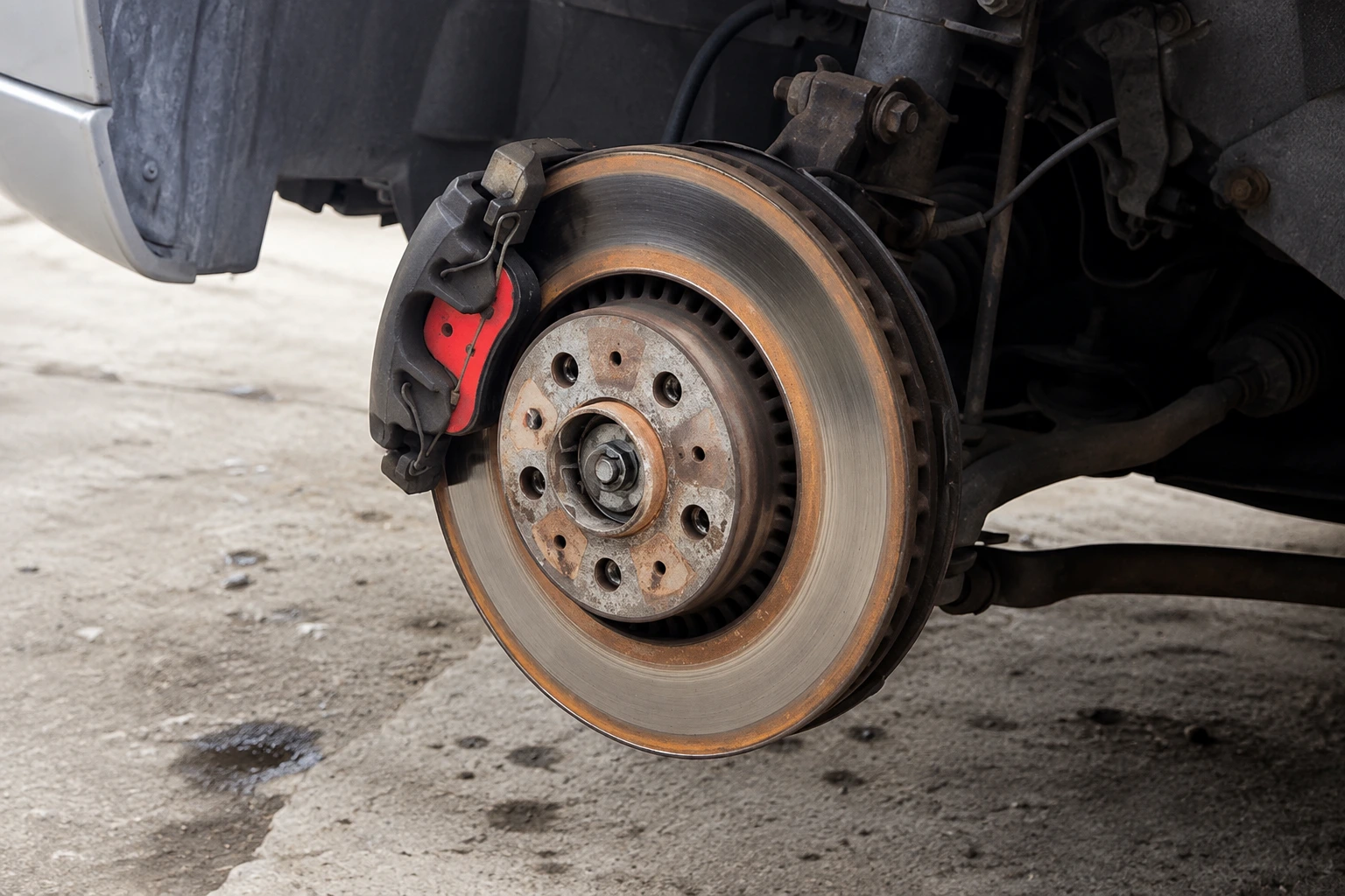 Close-up of a worn brake rotor and caliper with the wheel removed, illustrating a common reason the brakes make noise after rain due to surface rust and moisture on the brake disc.