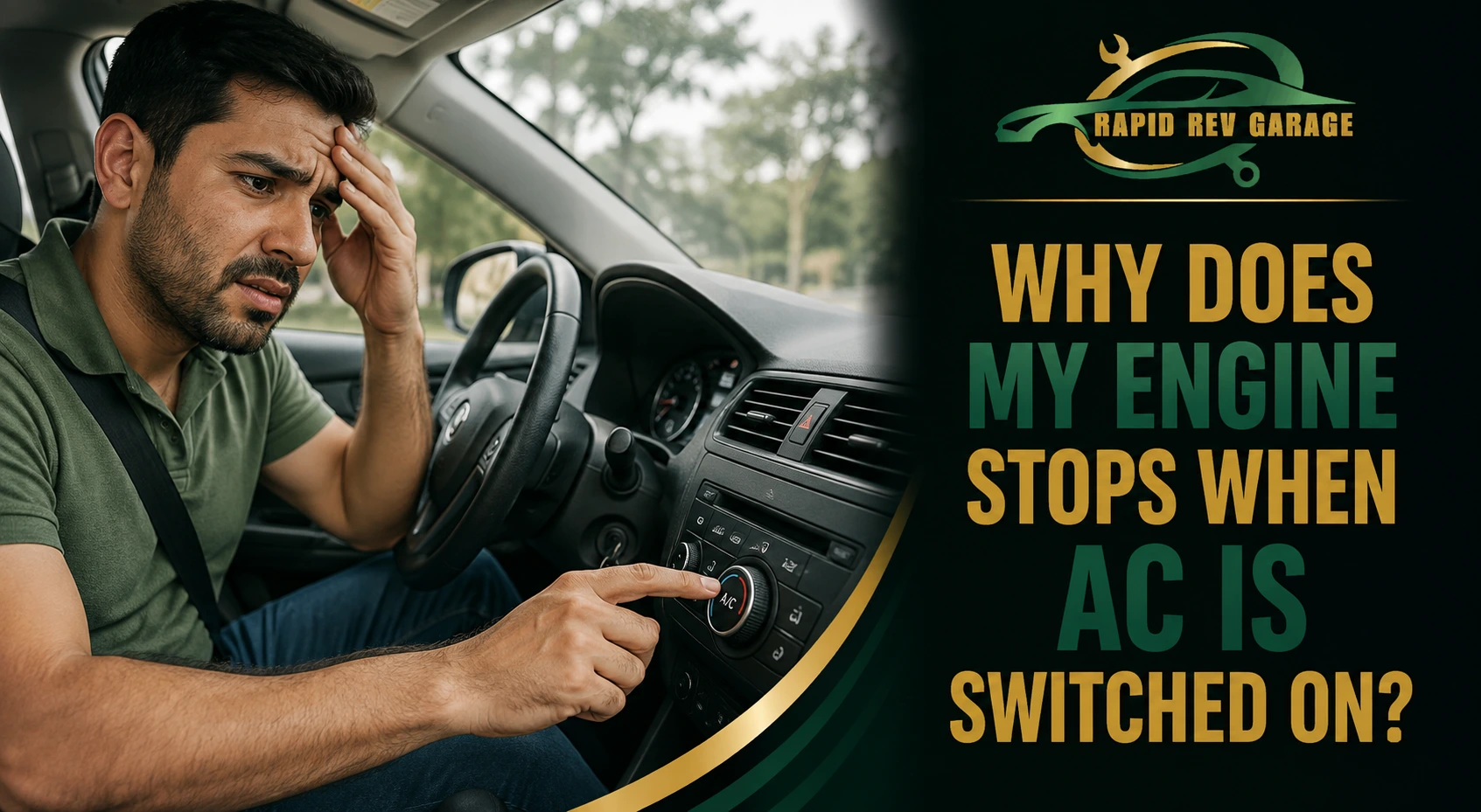 Worried driver checking the AC controls as the engine stops when AC is switched on.