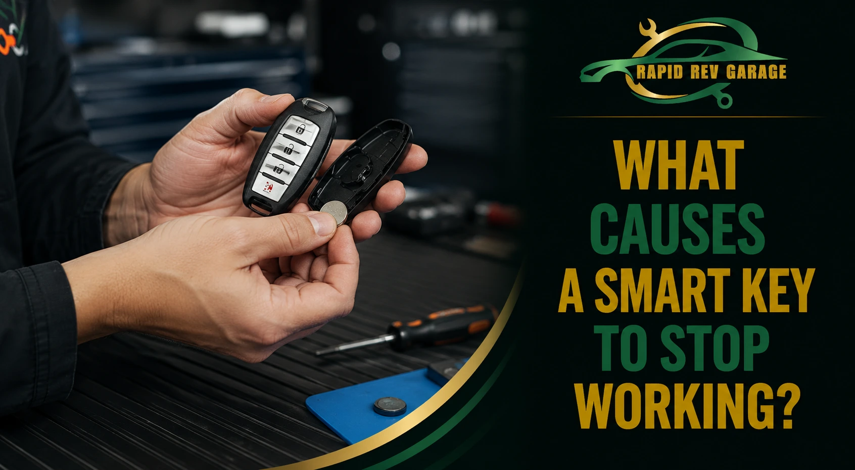 Mechanic inspecting a car smart key and battery, illustrating what causes a smart key to stop working?