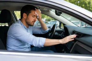 A man sits in the driver's seat of a parked car, looking frustrated as he adjusts the air conditioning controls, illustrating a situation where the Car Cabin Takes Too Long to Cool Down on a hot day.
