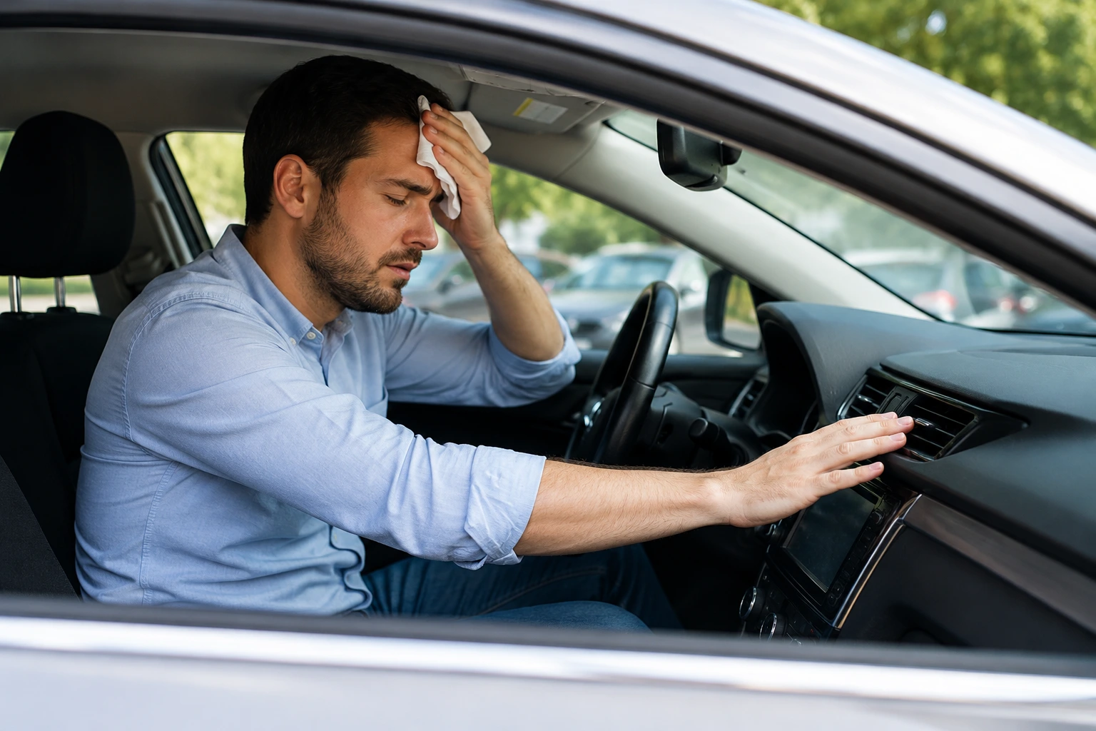 A man sits in the driver's seat of a parked car, looking frustrated as he adjusts the air conditioning controls, illustrating a situation where the Car Cabin Takes Too Long to Cool Down on a hot day.