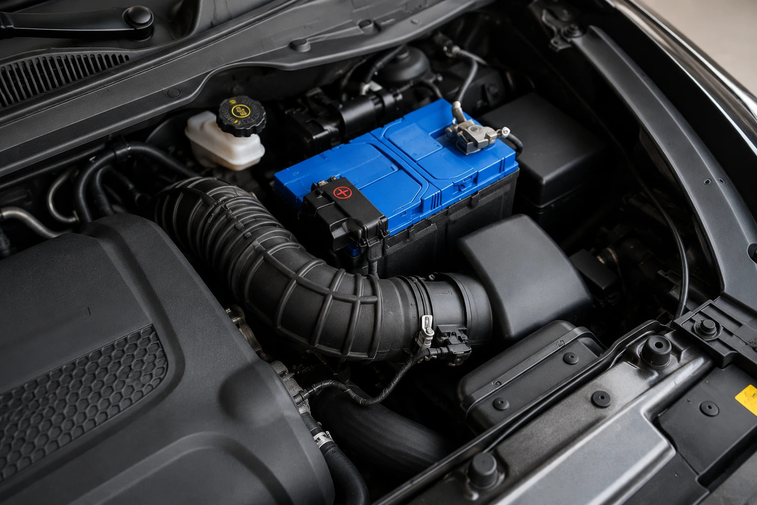 Close-up of a modern car engine bay featuring the battery, air intake, and surrounding components, illustrating a common issue where the battery dies after sitting for two days due to battery or electrical system problems.