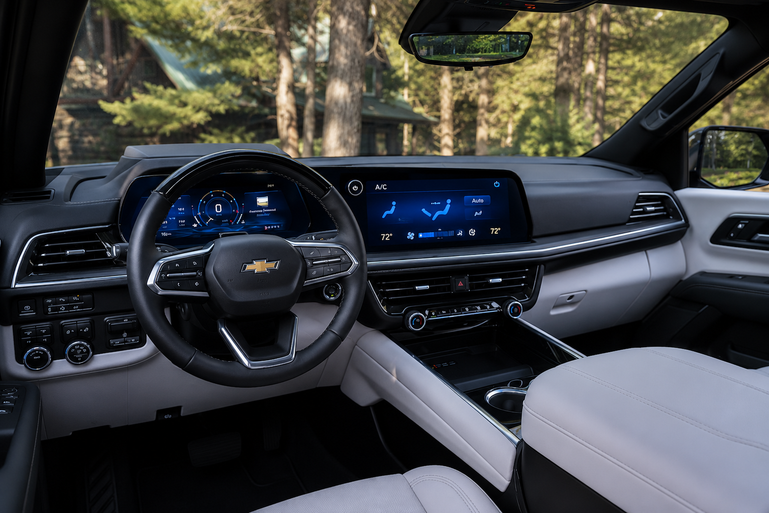 Interior view of a modern Chevrolet SUV with the air conditioning turned on and climate controls displayed on the infotainment screen, illustrating a potential Chevrolet AC compressor failure affecting cabin cooling performance.