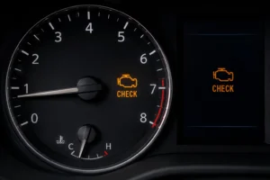 Close-up of a car dashboard with the check engine warning light illuminated on the instrument cluster, illustrating the common concern, Why Is My Check Engine Light Flashing?, and the need for immediate vehicle diagnostics.