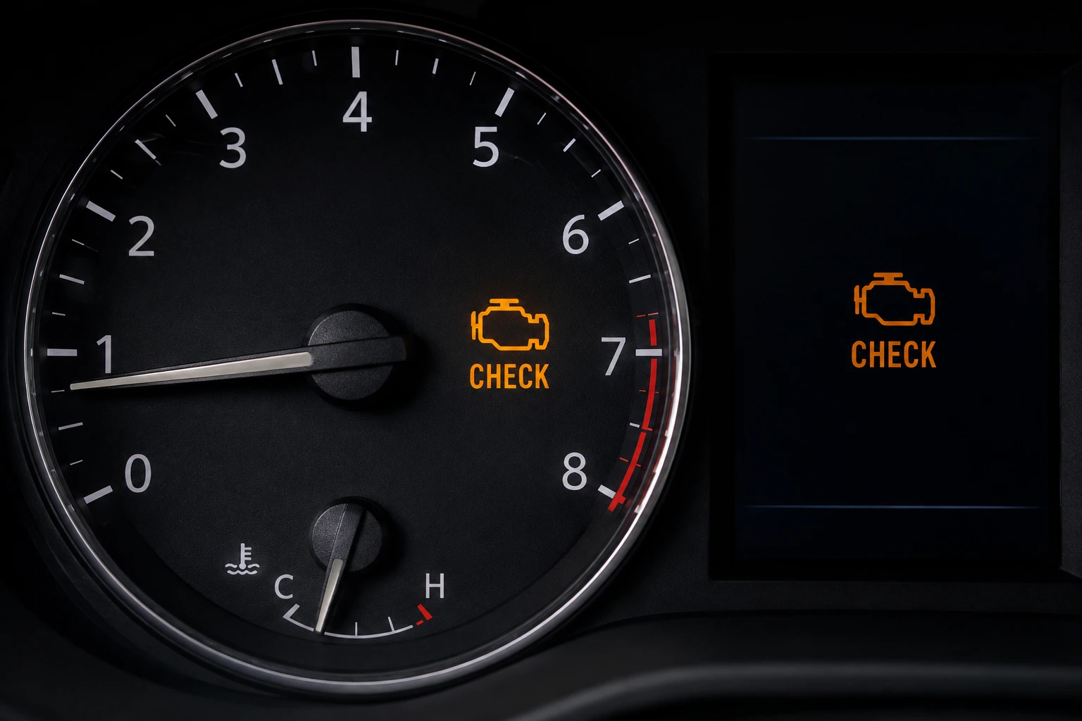 Close-up of a car dashboard with the check engine warning light illuminated on the instrument cluster, illustrating the common concern, Why Is My Check Engine Light Flashing?, and the need for immediate vehicle diagnostics.