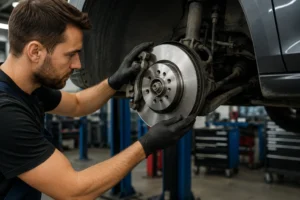 Mechanic inspecting a vehicle's brake rotor and caliper on a lift, diagnosing why brakes grab too aggressively during braking for safer and smoother performance.