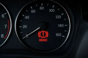 Close-up of a car dashboard showing a red brake warning light illuminated above the word “BRAKE,” illustrating Why Is My Brake Warning Light On?