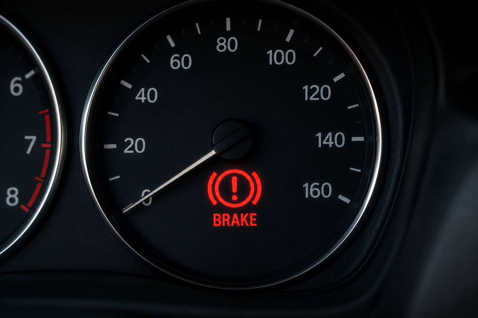 Close-up of a car dashboard showing a red brake warning light illuminated above the word “BRAKE,” illustrating Why Is My Brake Warning Light On?