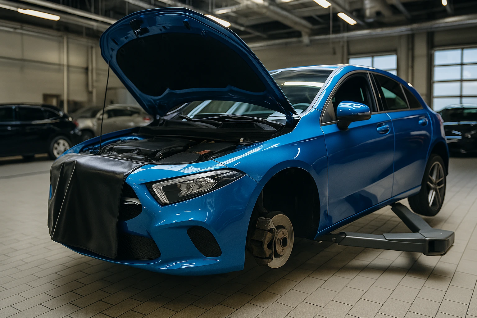 BMW Timing Chain Noise Before Startup inspection at a professional garage, showing a blue BMW on a vehicle lift with the hood open during engine diagnostics and timing chain repair.