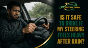 Worried driver struggling to turn the steering wheel while driving in the rain, showing how steering feels heavy after rain.