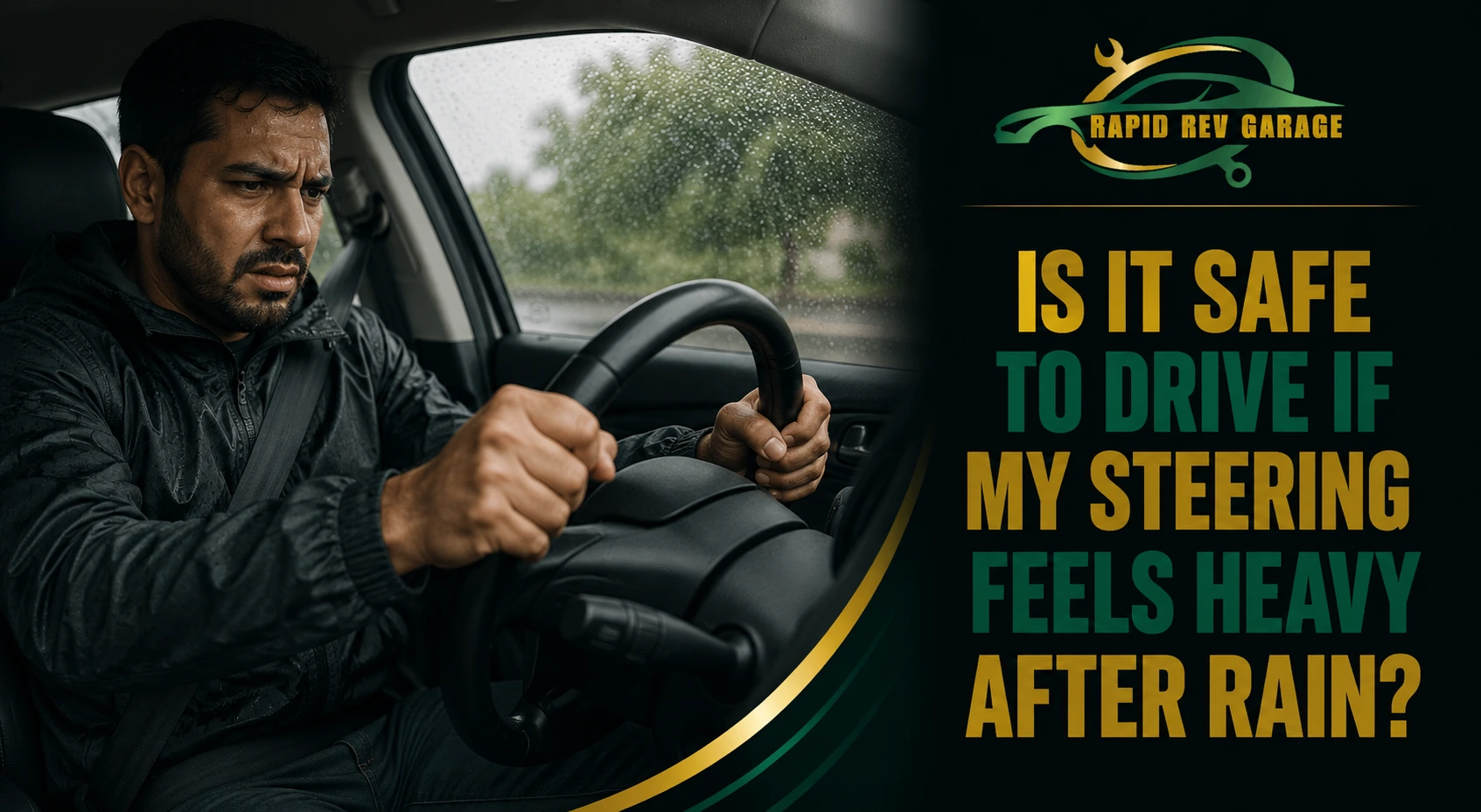 Worried driver struggling to turn the steering wheel while driving in the rain, showing how steering feels heavy after rain.
