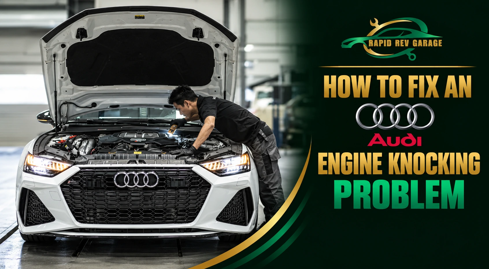 Audi engine knocking problem shown with a mechanic inspecting the engine of an Audi vehicle.