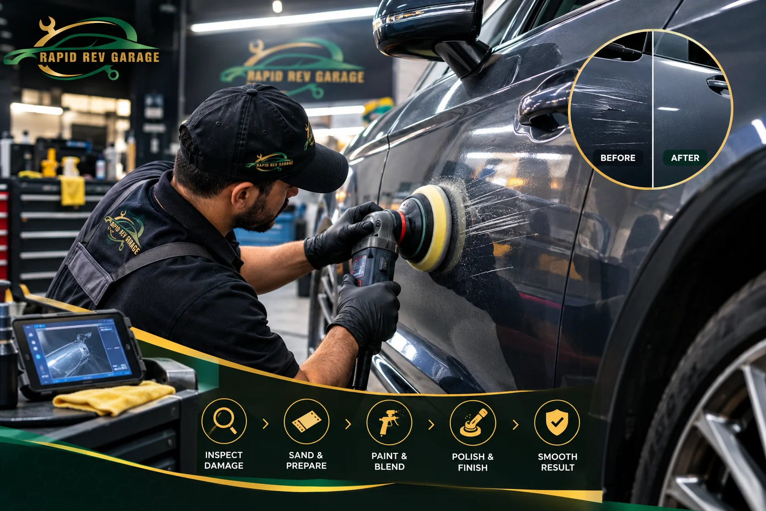 Car dent repair service by Rapid Rev Garage in Dubai