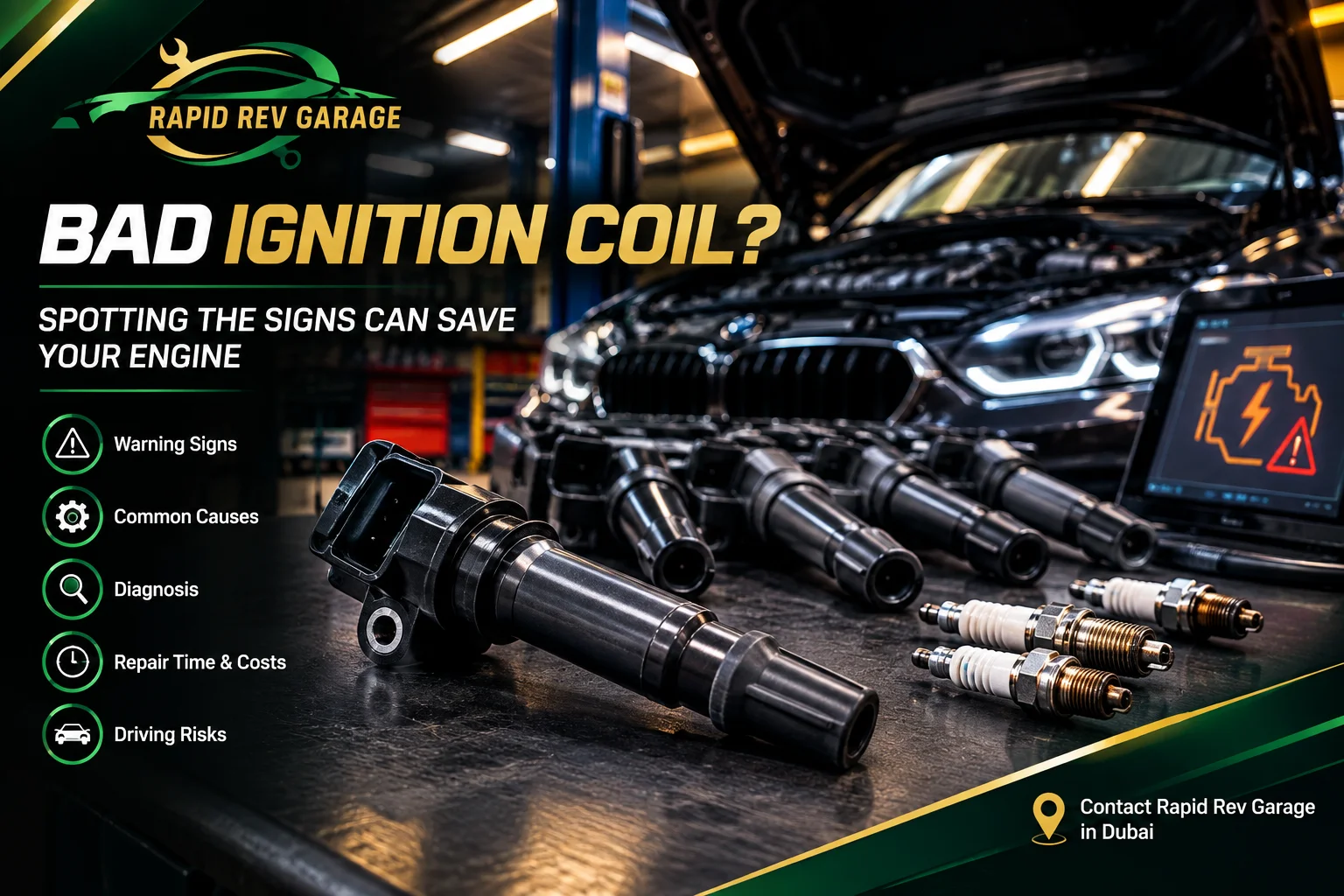 Bad Ignition coil symptoms and repair with ignition coils and spark plugs in a professional Rapid Rev Garage workshop in Dubai.