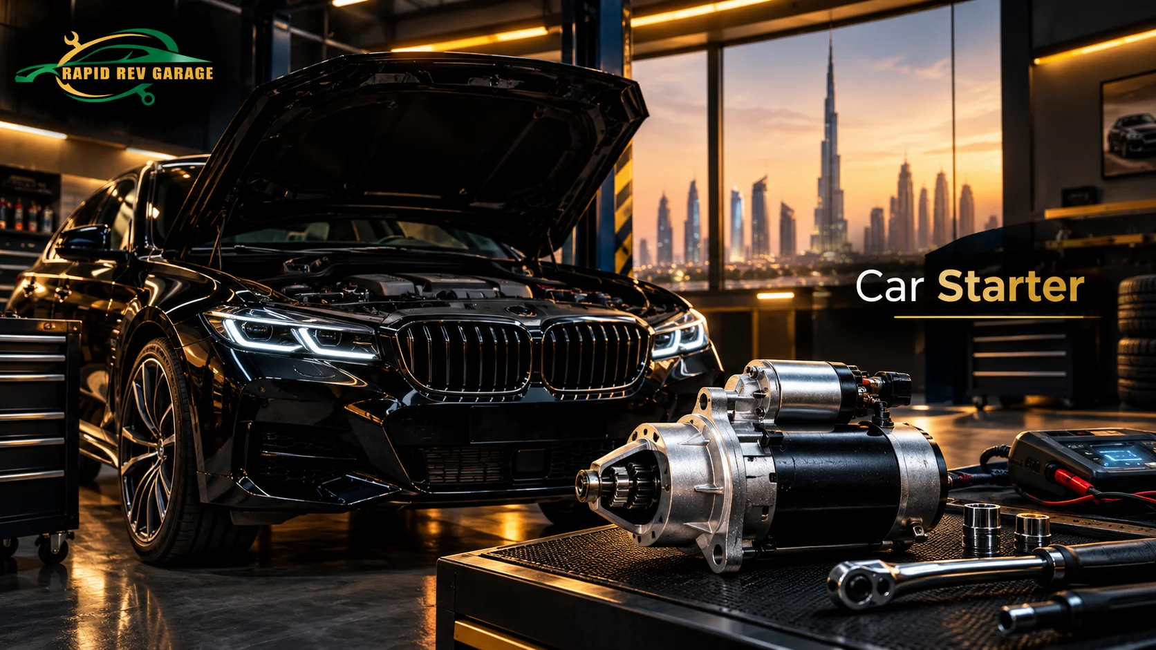 Car starter repair and inspection for a vehicle in a modern Dubai auto garage.
