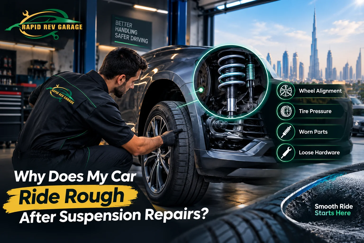 Rapid Rev Garage mechanic inspecting a car suspension after a Ride Rough after suspension repair issue in a Dubai workshop.