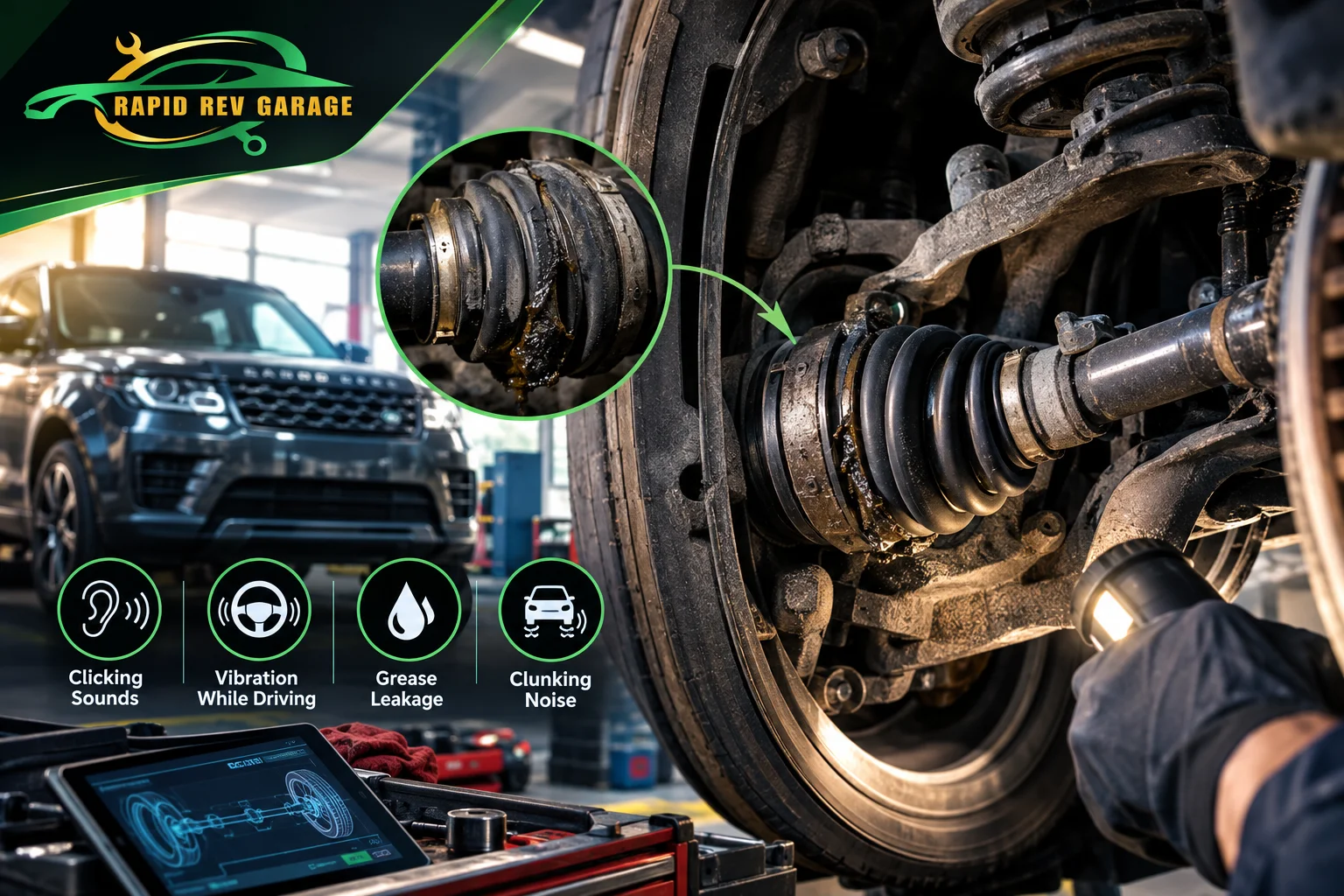 Rapid Rev Garage technician inspecting a Bad CV Joint with visible grease leakage and damaged CV boot.