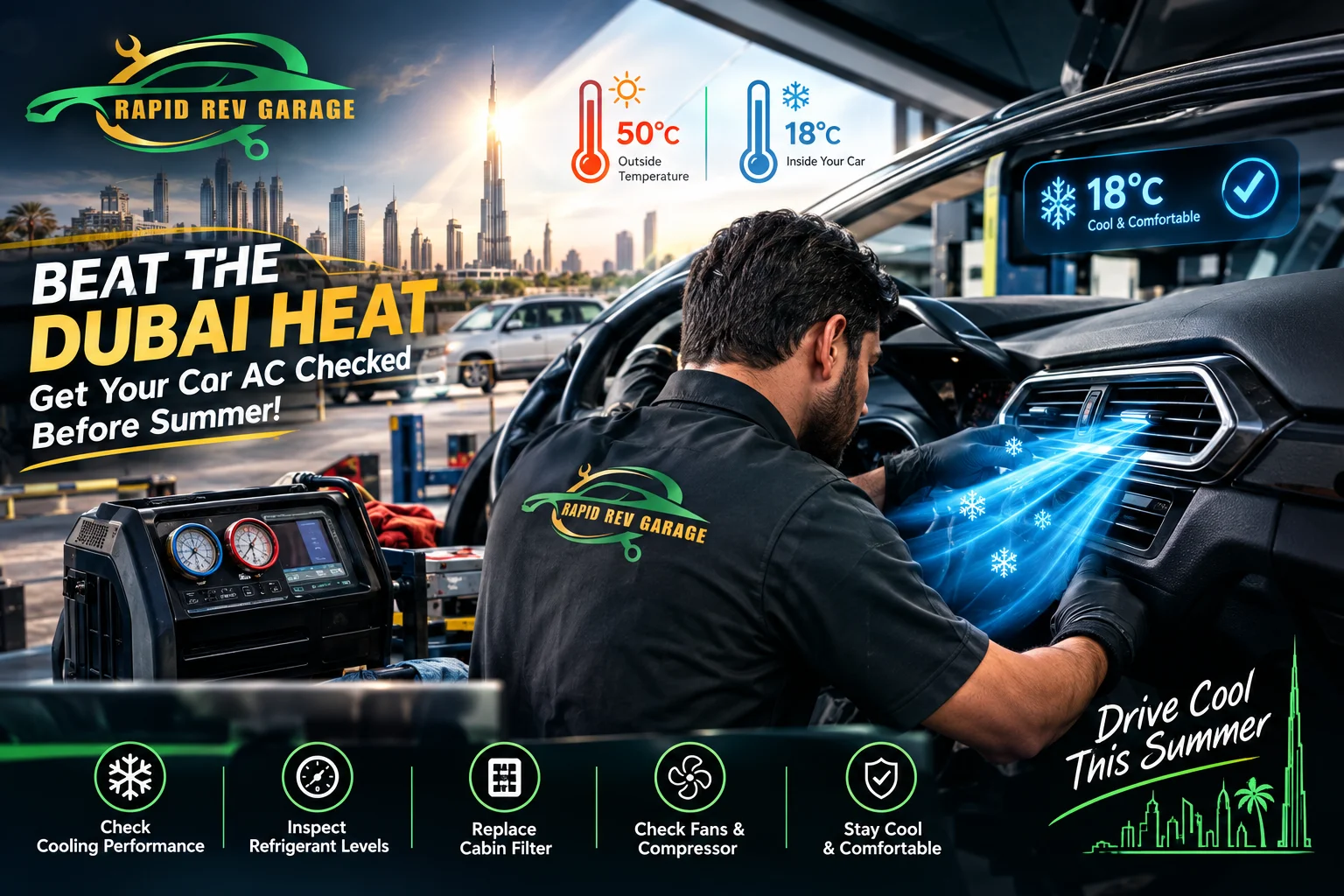 Rapid Rev Garage technician inspecting a car AC in Dubai as part of a Car AC Checked service before summer.