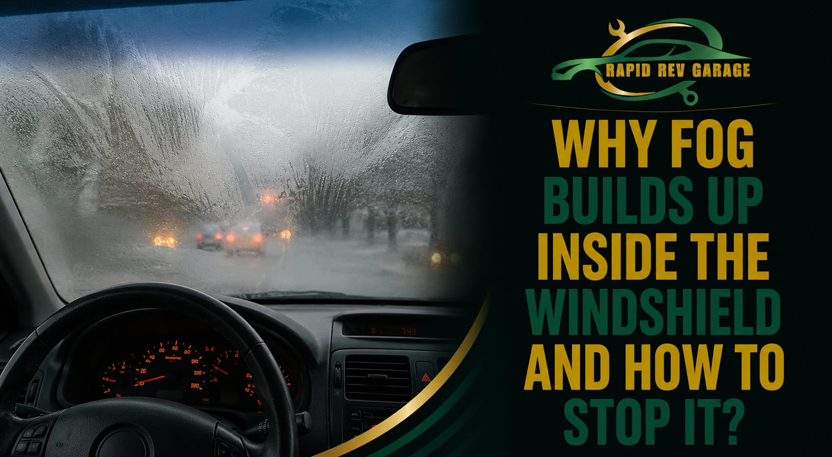 Driver’s view through a fogged windshield showing how fog builds up inside the windshield.