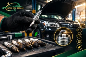 Mechanic inspecting spark plugs in a car engine, showing how incorrect spark plugs can cause engine problems at Rapid Rev Garage in Dubai.