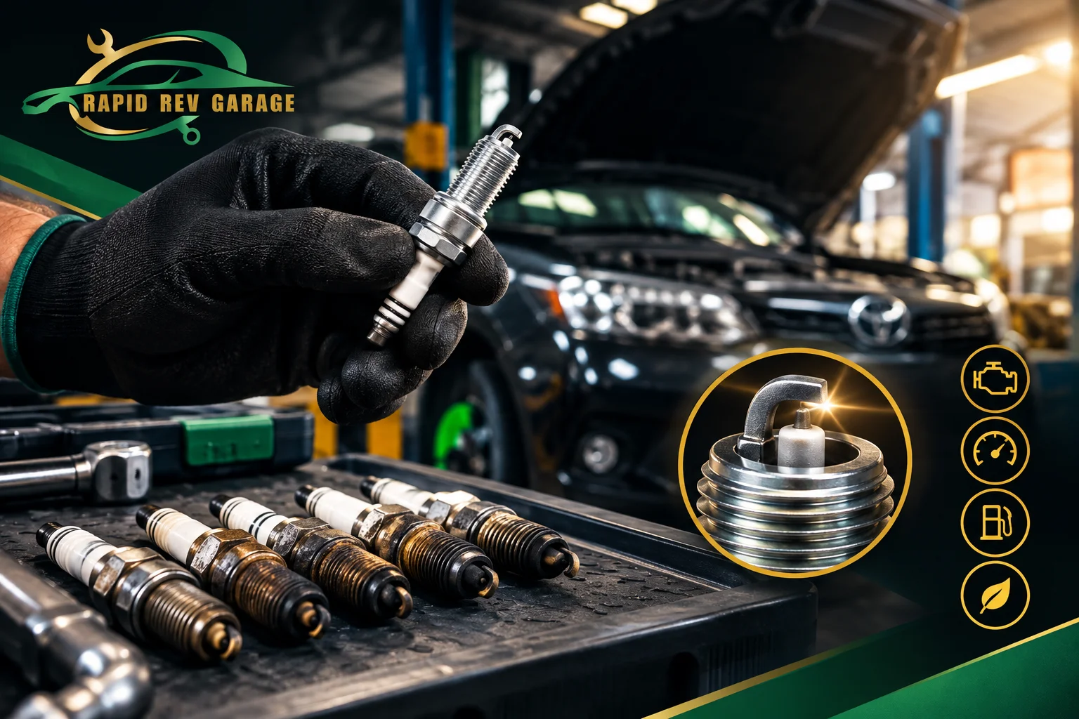 Mechanic inspecting spark plugs in a car engine, showing how incorrect spark plugs can cause engine problems at Rapid Rev Garage in Dubai.