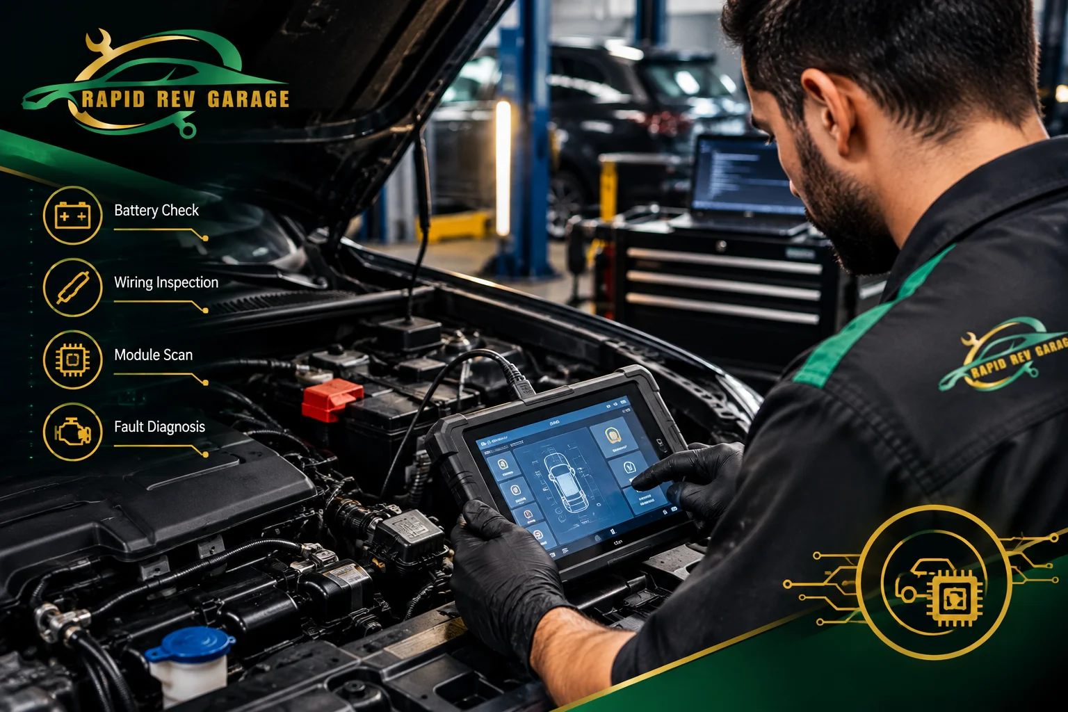 Professional car electrical diagnosis in Dubai with a mechanic using a diagnostic scanner to inspect a vehicle's electrical system at Rapid Rev Garage.