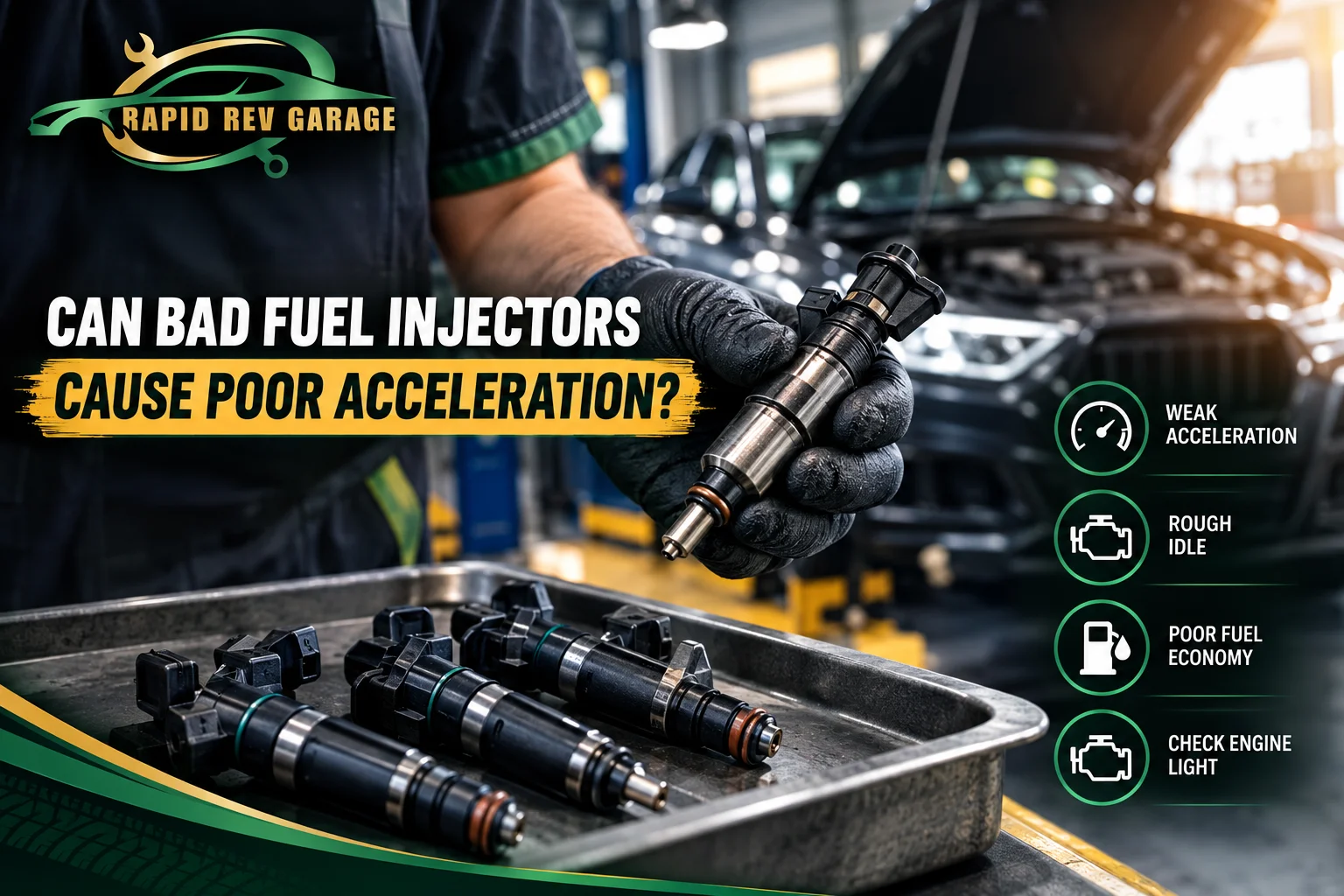 Rapid Rev Garage technician inspecting Bad Fuel Injectors to diagnose poor acceleration and fuel system problems.
