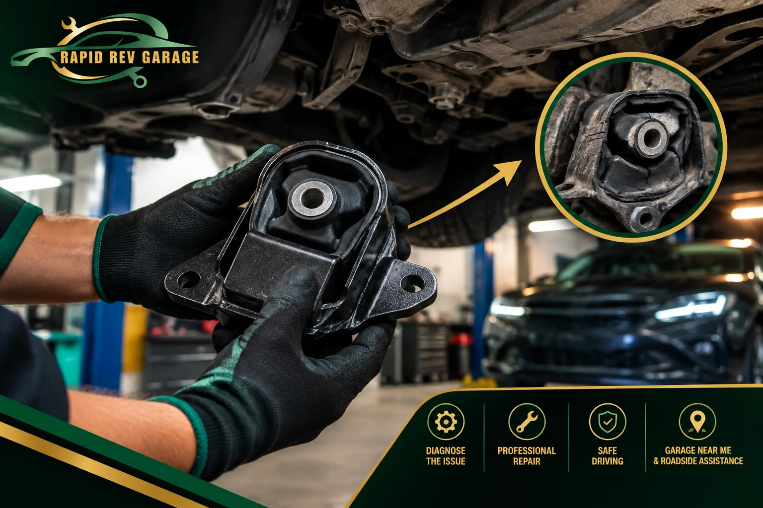Rapid Rev Garage mechanic inspecting a Bad Transmission Mount during professional car repair in Dubai.
