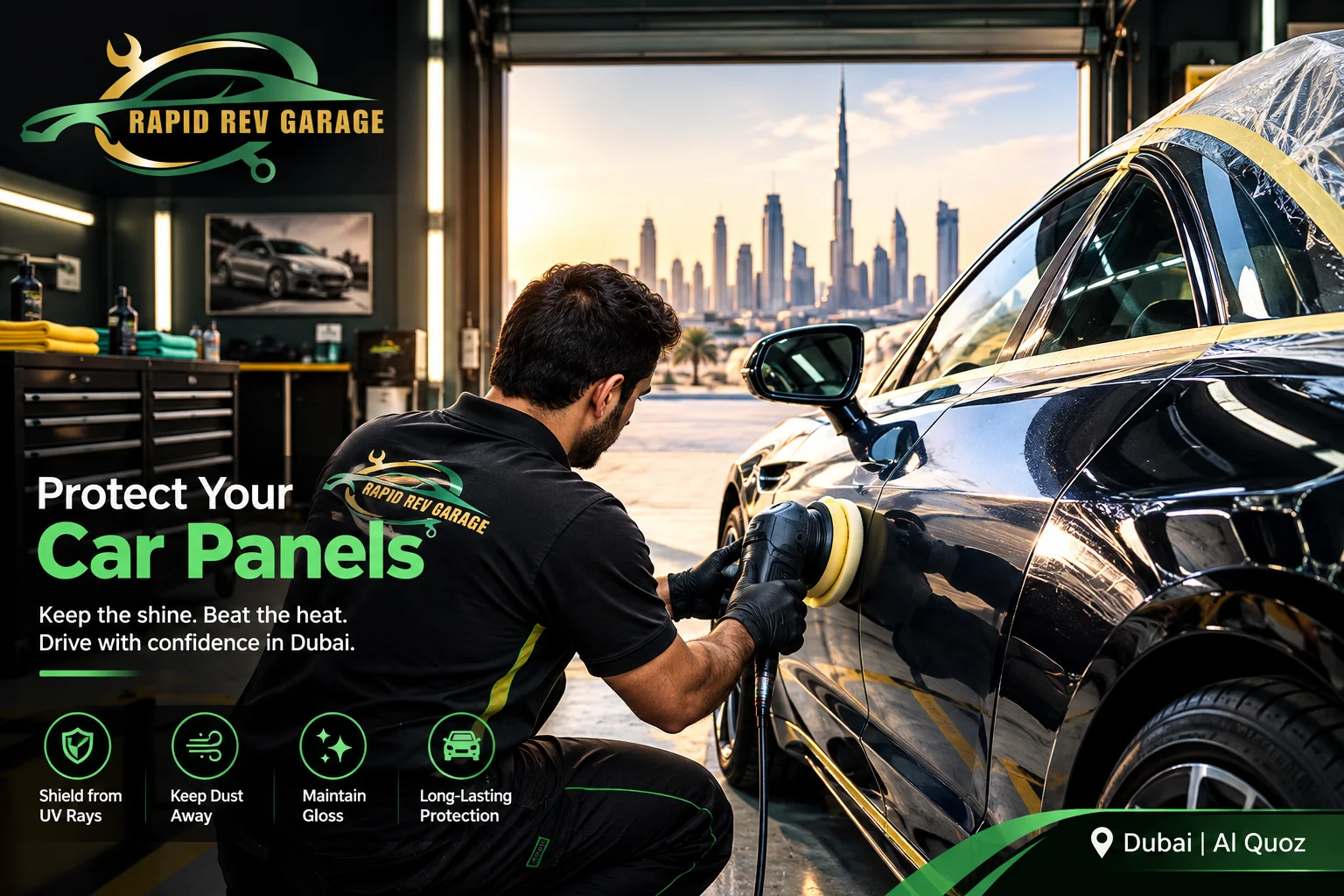 Rapid Rev Garage technician protecting freshly painted Car Panels with professional paint care in Dubai.