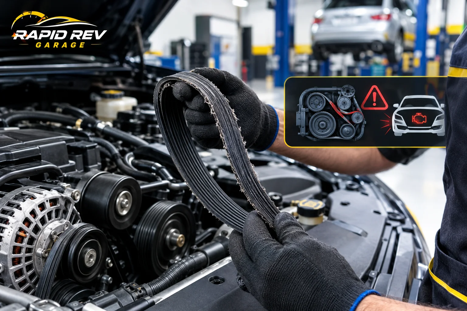 Rapid Rev Garage technician inspecting a damaged broken serpentine belt in a car engine bay in Dubai.