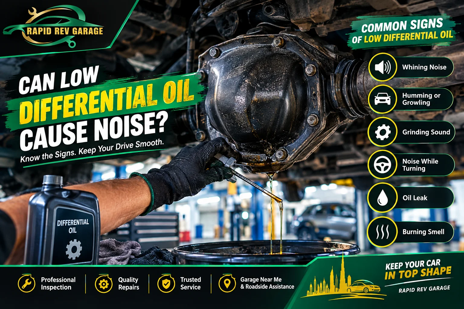 Rapid Rev Garage mechanic inspecting a car differential with low differential oil during a professional automotive repair service.