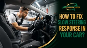 Mechanic inspecting a car’s steering system to diagnose slow steering response and improve steering performance.