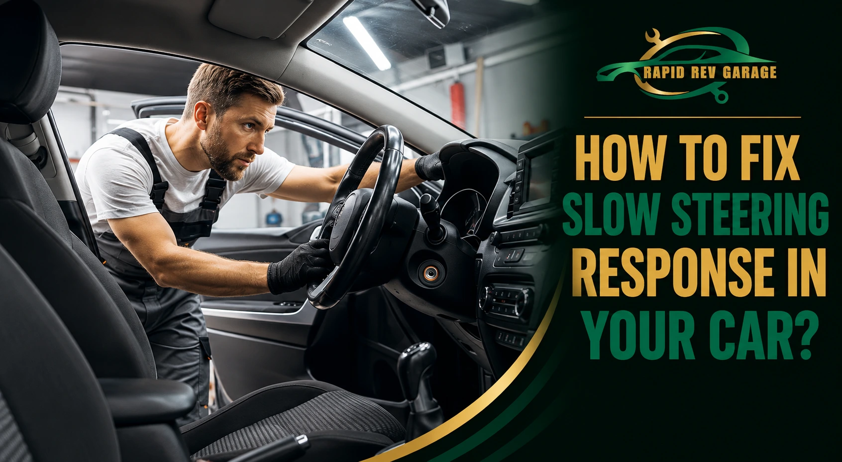 Mechanic inspecting a car’s steering system to diagnose slow steering response and improve steering performance.