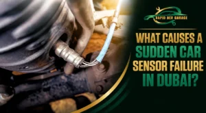 Close-up of a faulty car sensor and wiring illustrating common causes of car sensor failure in Dubai.