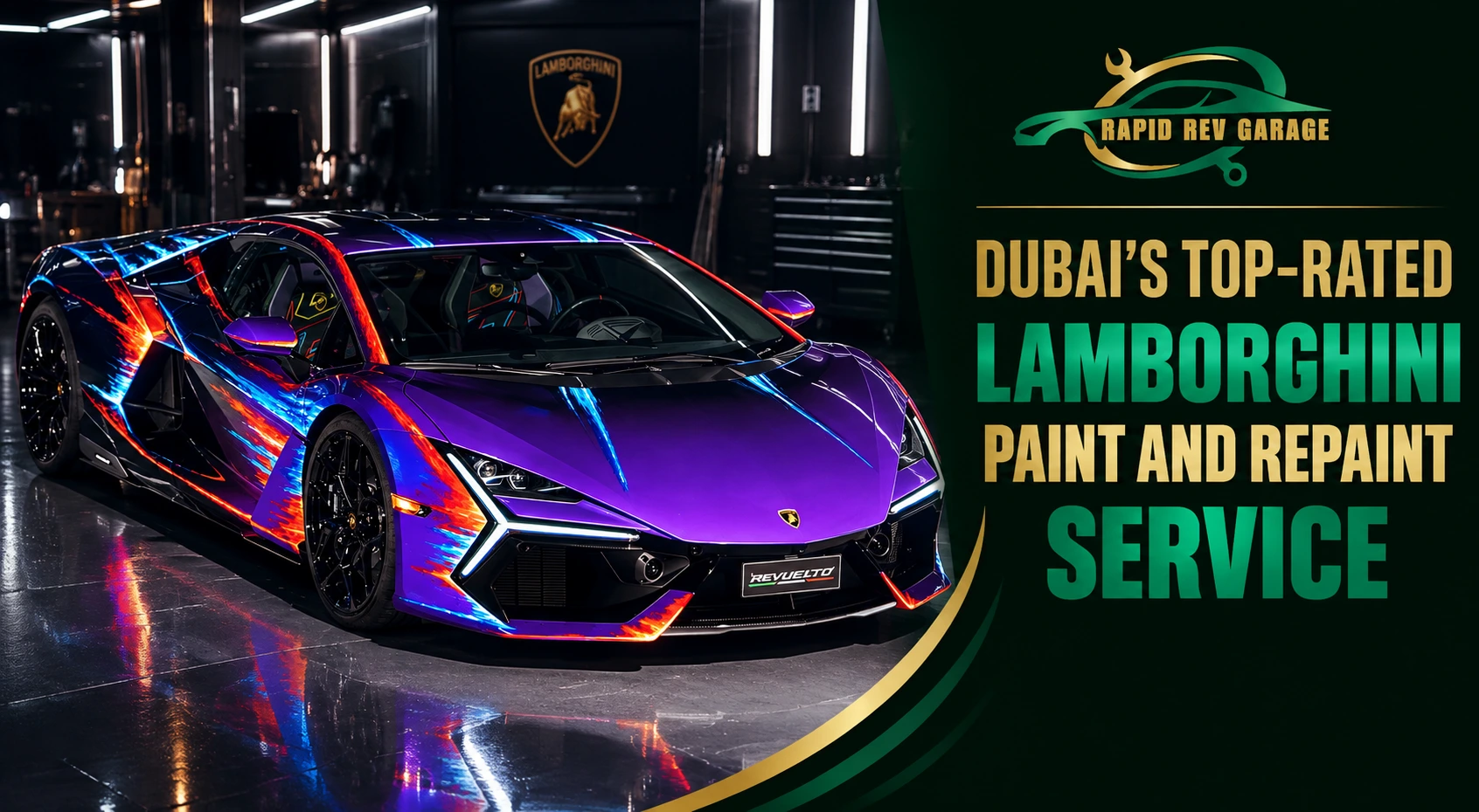 Lamborghini Paint and Repaint Service showcasing a professionally refinished Lamborghini in a premium garage.